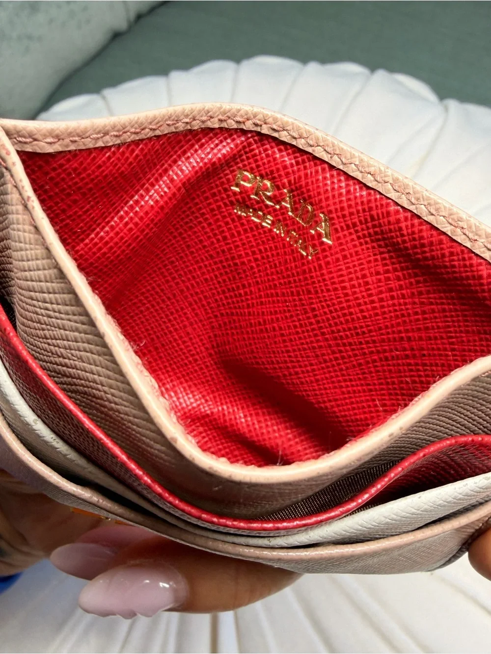 Prada Saffiano Leather Card Holder in Taupe with Red and Cream Accents